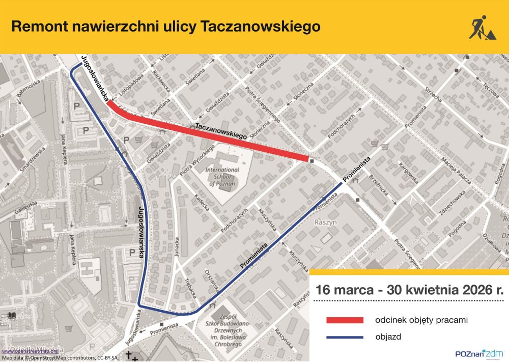 Remont ulicy Taczanowskiego w Poznaniu. Zmiany w organizacji ruchu